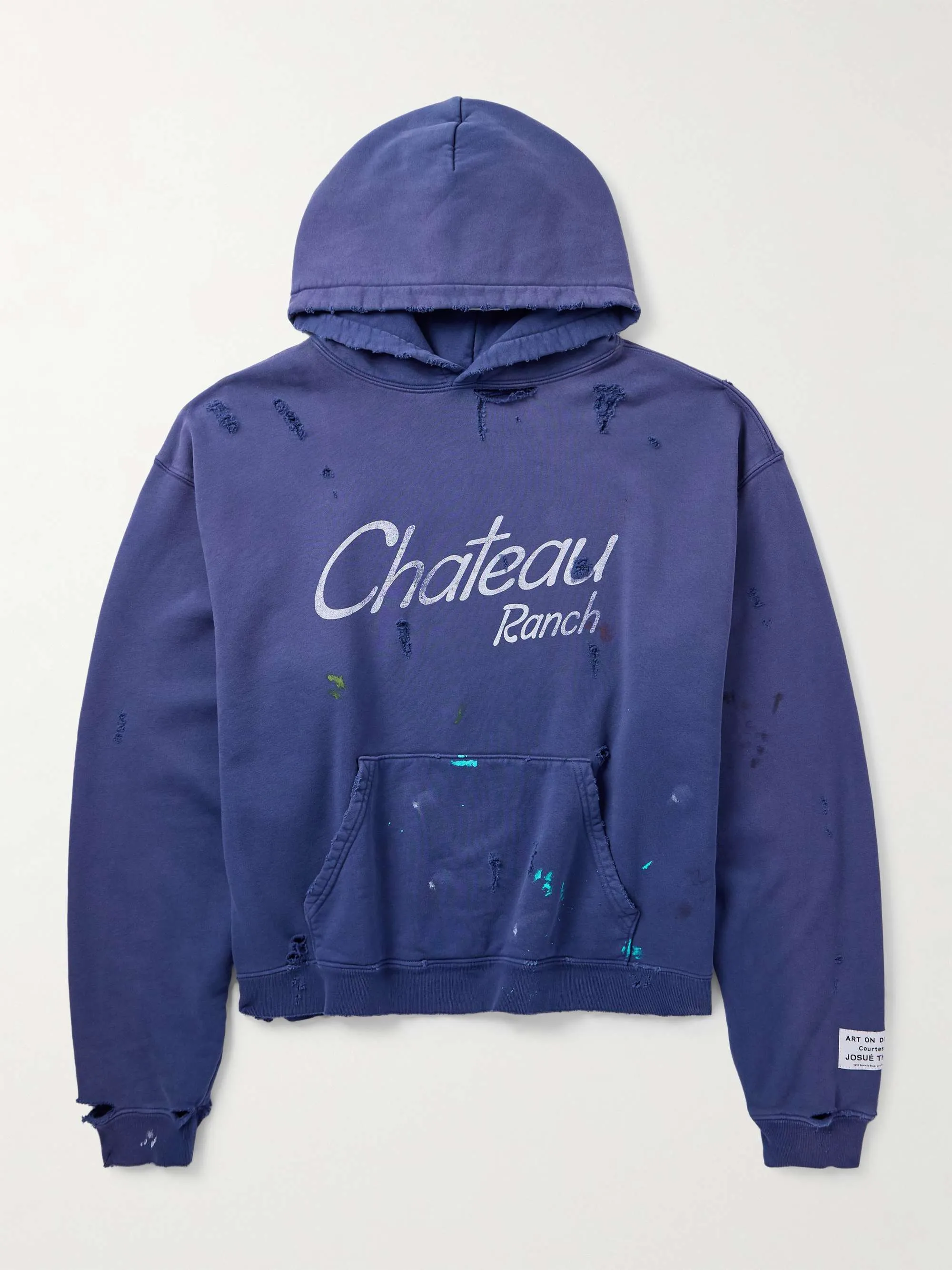 GALLERY DEPT. CHATEAU RANCH HOODIE/NAVY Horseshoe Winery Splash Ink Destroyed Hoodie Washed Blue S-XL Assute Reactive Dyes Ready-made Clothes Fade Process Post-Fry Color Processing Super Heavy and Cumbersome Too Many Cuts and Hanging Wormhole Destruction Process➕Hand-Splashed Ink Very Time-consuming and Labor-intensive Correct Version Original Main Mark➕Large Main Mark➕Yellow Wash Mark The original BOXY short and wide version has not been changed at all. God-cut. Authentic level printing process. Post-washing treatment to show natural aging effect.
